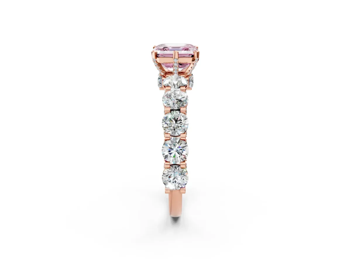 Fancy Pink Asscher Cut Diamond Side Stone Engagement Ring with Four-Prong Setting Rose gold