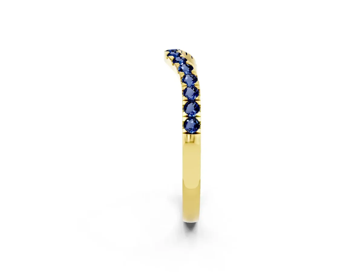 Curved Pavé Round Blue Sapphire Wedding Band with Shared Prong Setting Yellow gold