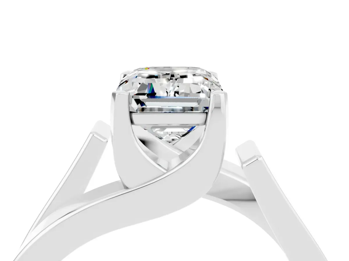 Modern Tension Set Emerald Cut Moissanite Solitaire Wide Band Ring Silver