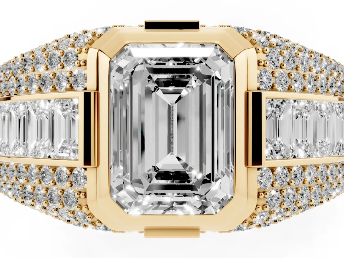 Emerald Cut Diamond Mens Ring with Side Stones Yellow gold