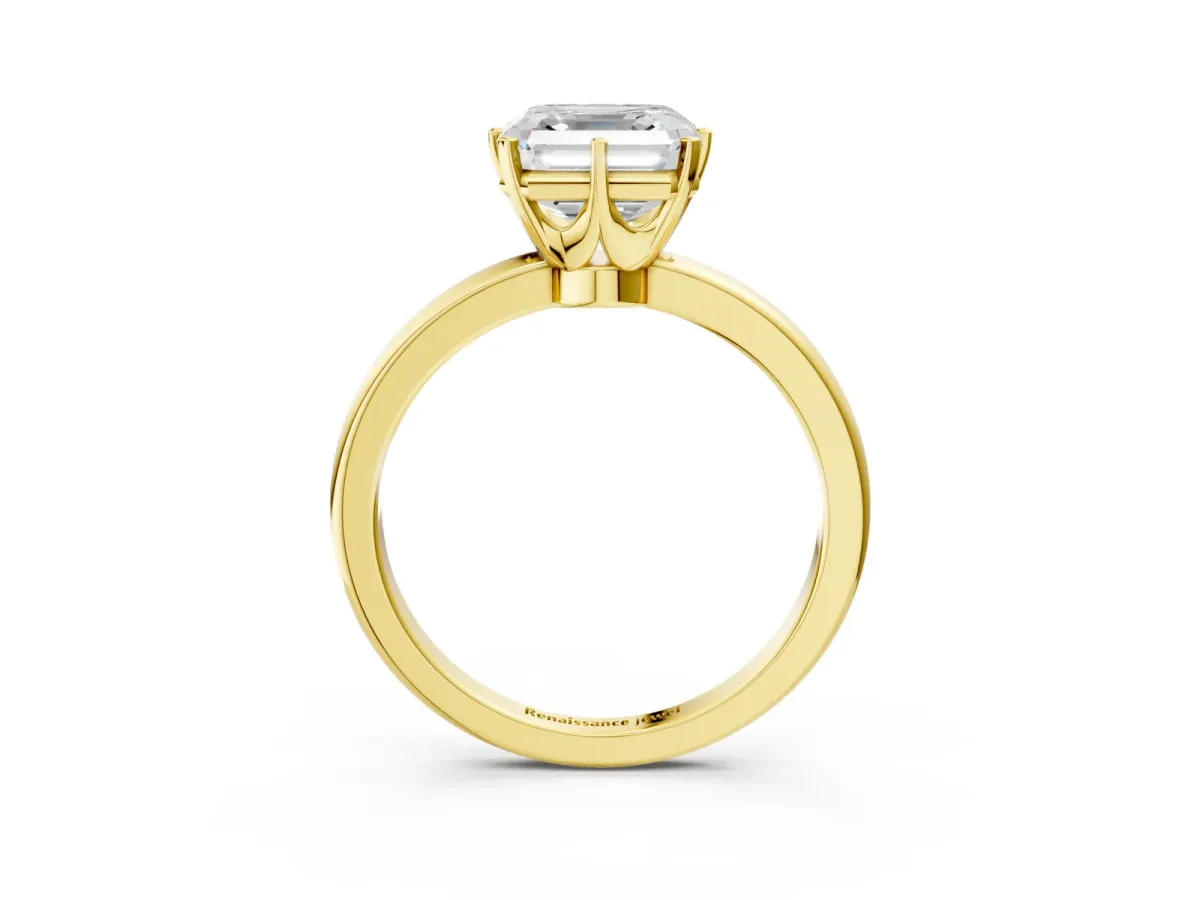 Asscher Cut Solitaire Diamond Ring with Six-Prong Setting on a Classic Band Yellow gold