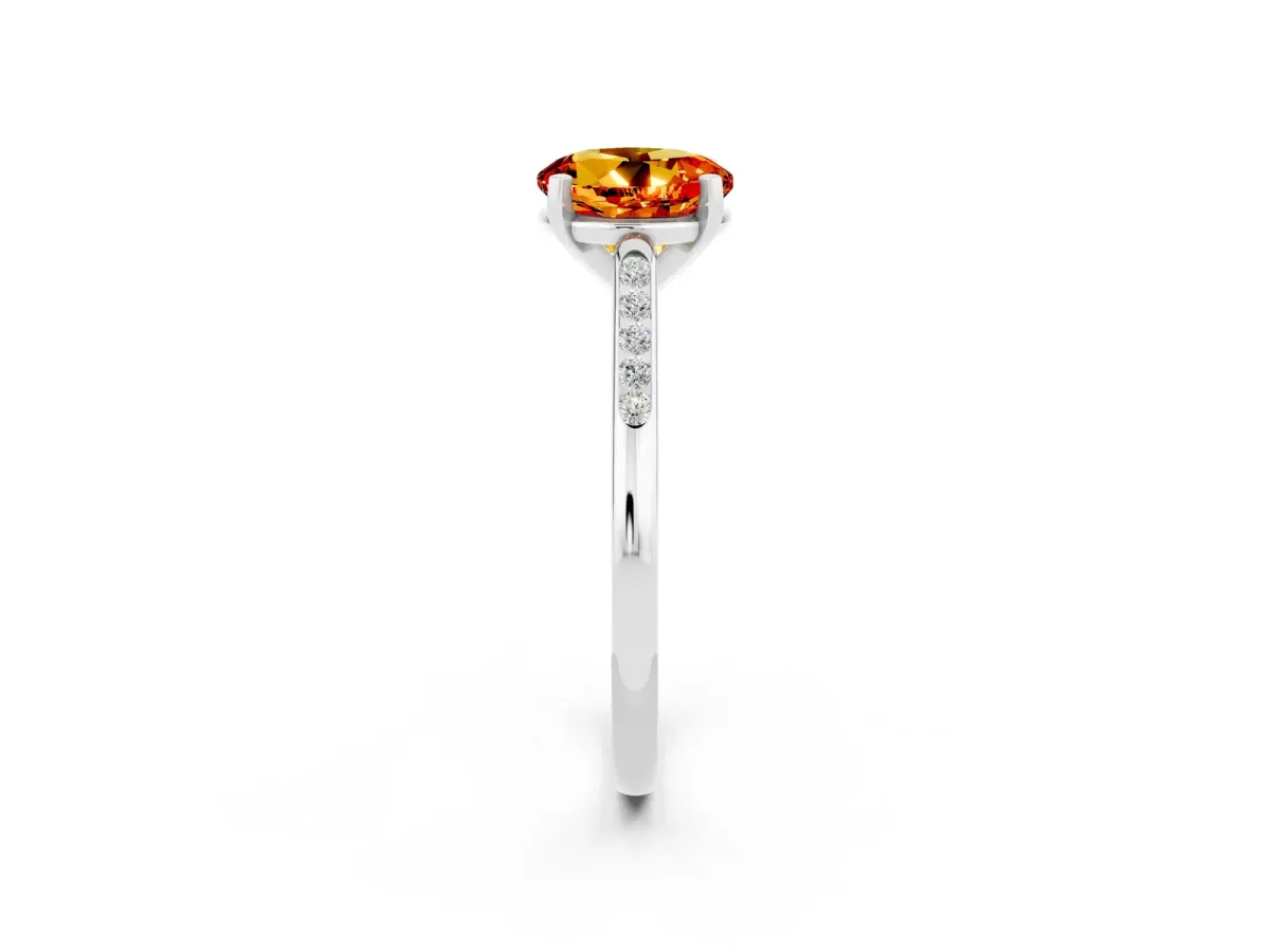 Round Cut Citrine Solitaire Ring with Channel Set Round Band and Prong Setting Platinum