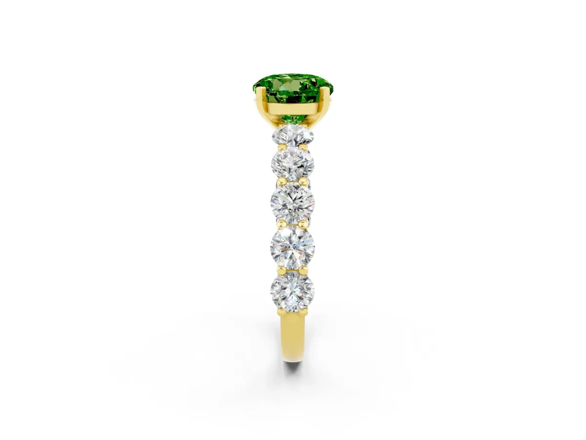 Round Cut Peridot Prong Setting with Side Stones on a Pave Band Yellow gold