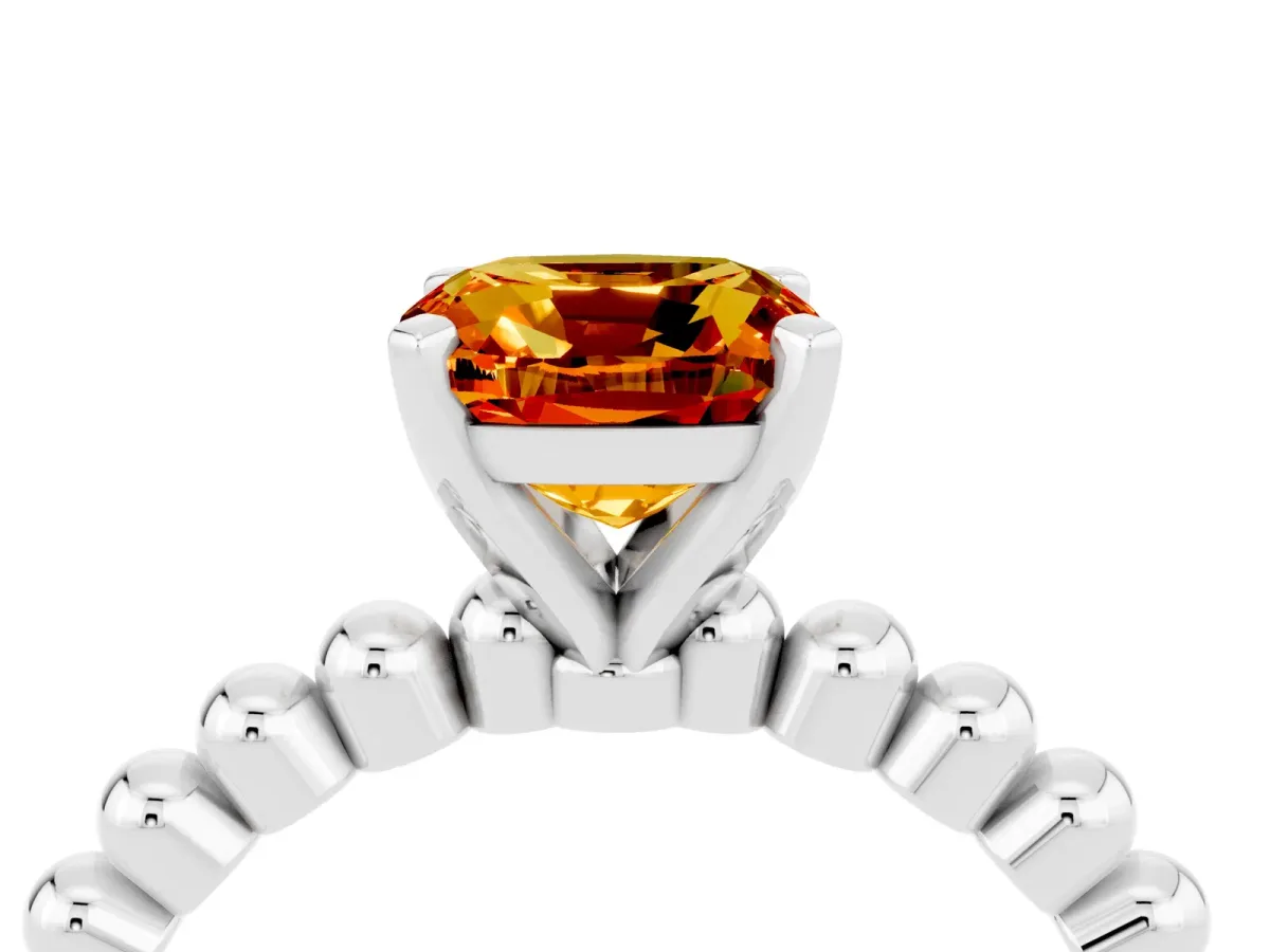 Cushion Cut Citrine Solitaire Ring with Beaded Band and Prong Setting Platinum