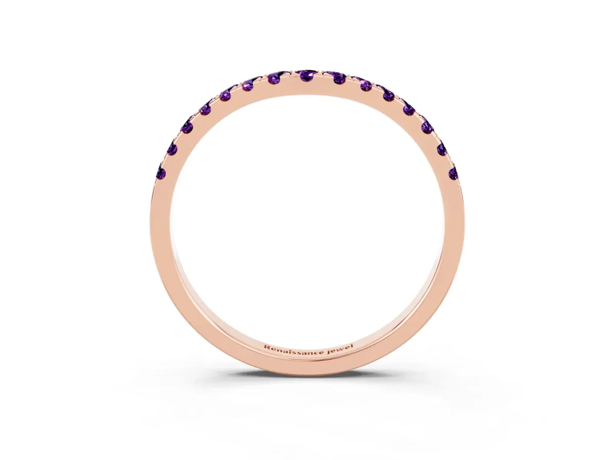 Curved Pavé Round Amethyst Wedding Band with Shared Prong Setting Rose gold