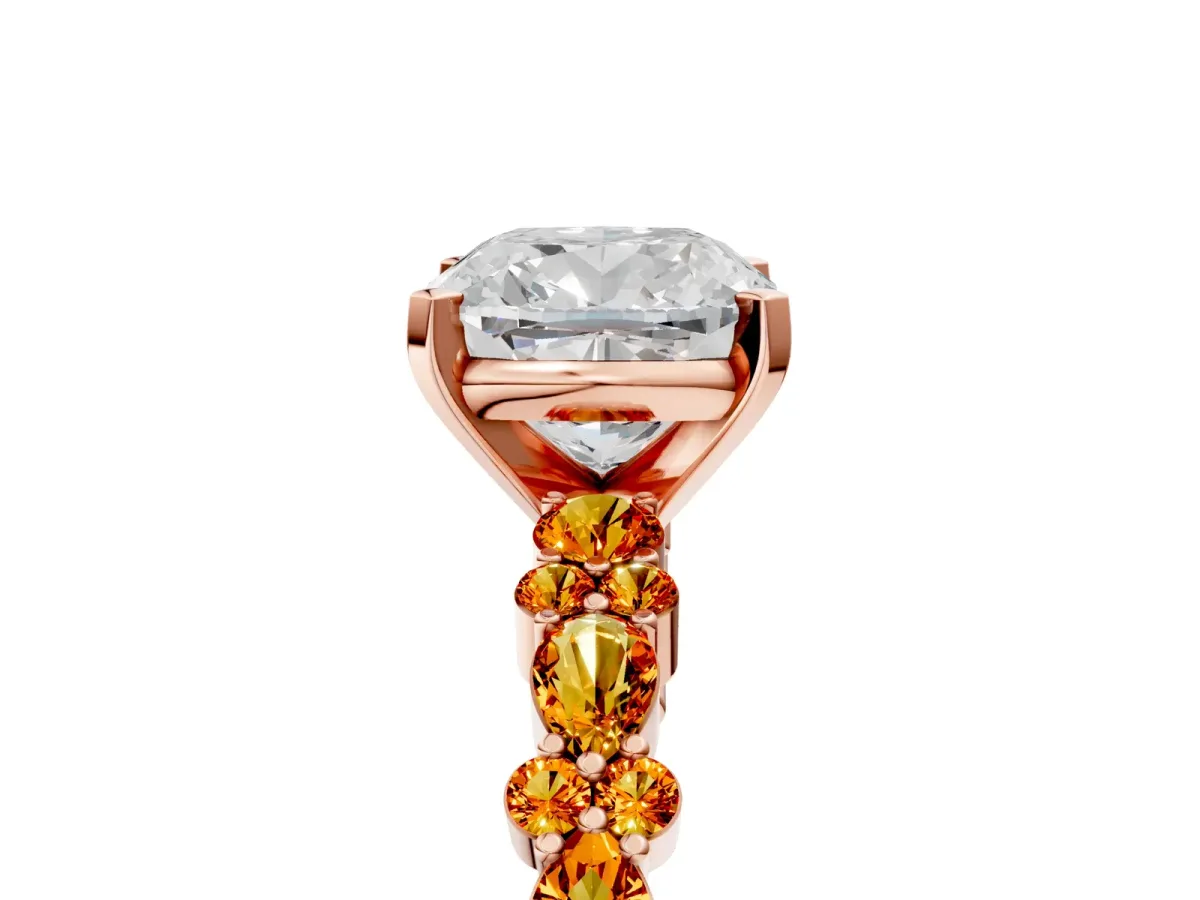 Cushion Cut Diamond Side Stone Solitaire Ring with Round Citrine and Four-Prong Setting Rose gold