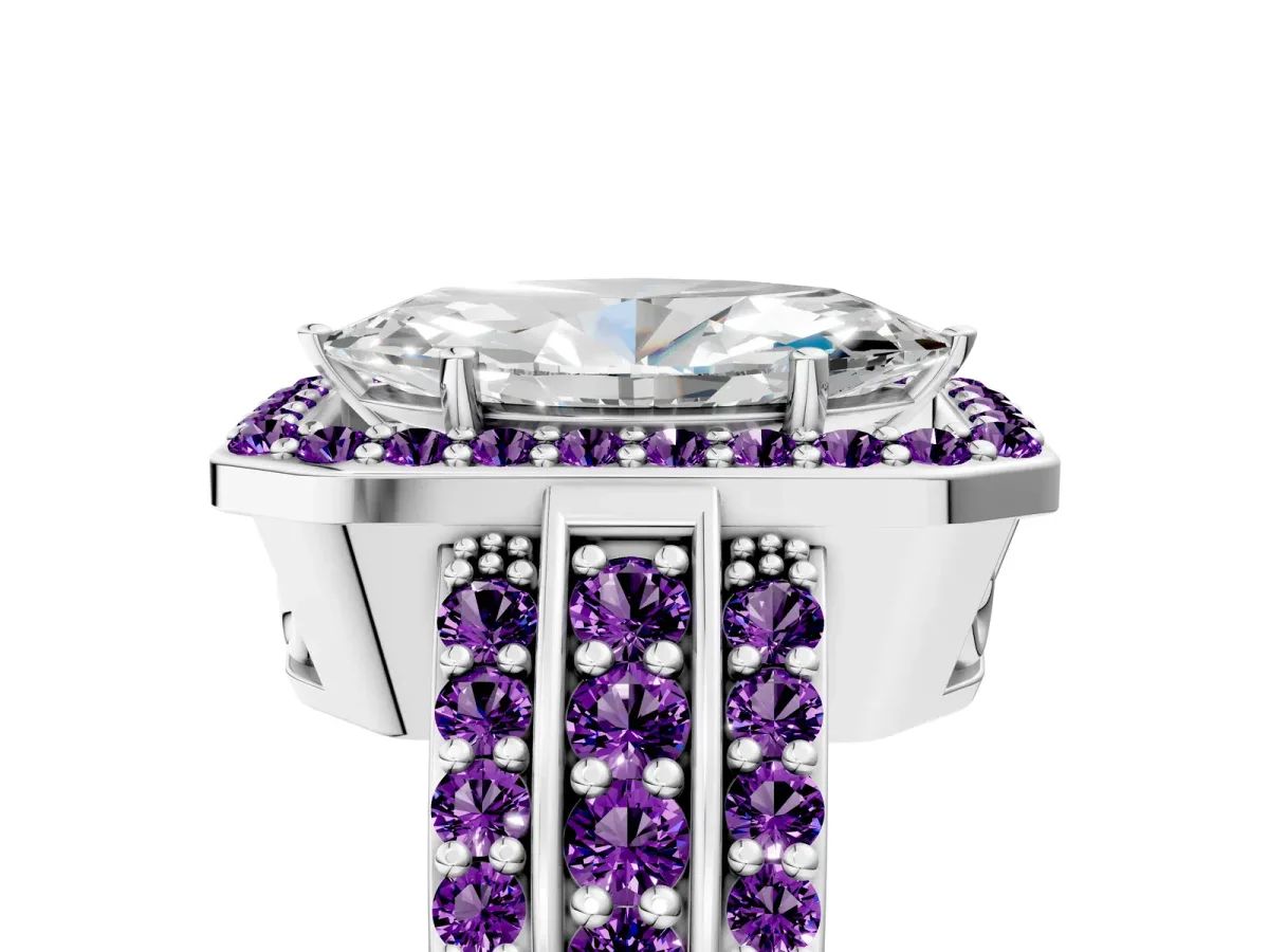 Marquise Cut Halo Diamond Ring with Round Amethyst Split Shank and Prong Setting Silver