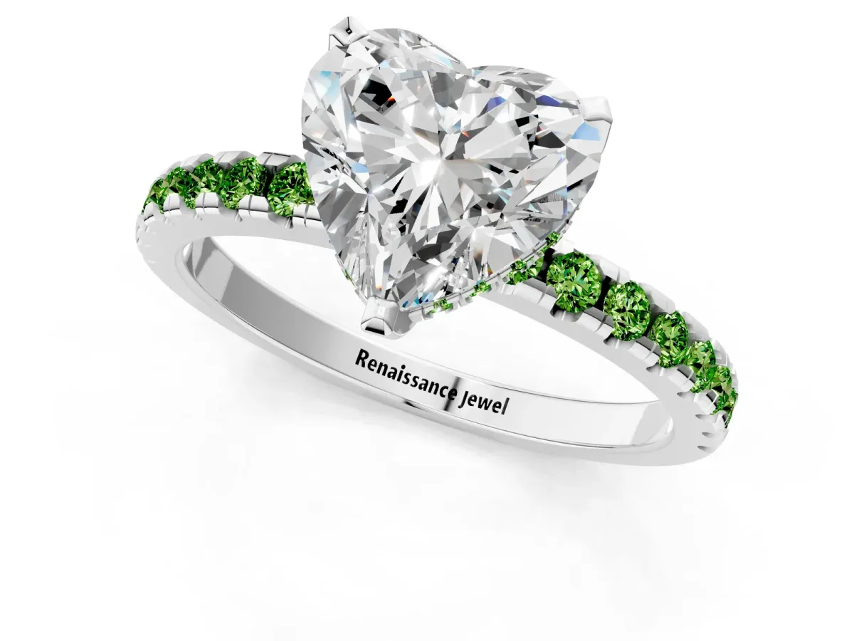 Heart Cut Diamond Solitaire Ring with Round Peridot Pavé Band and Four-Prong Setting Silver