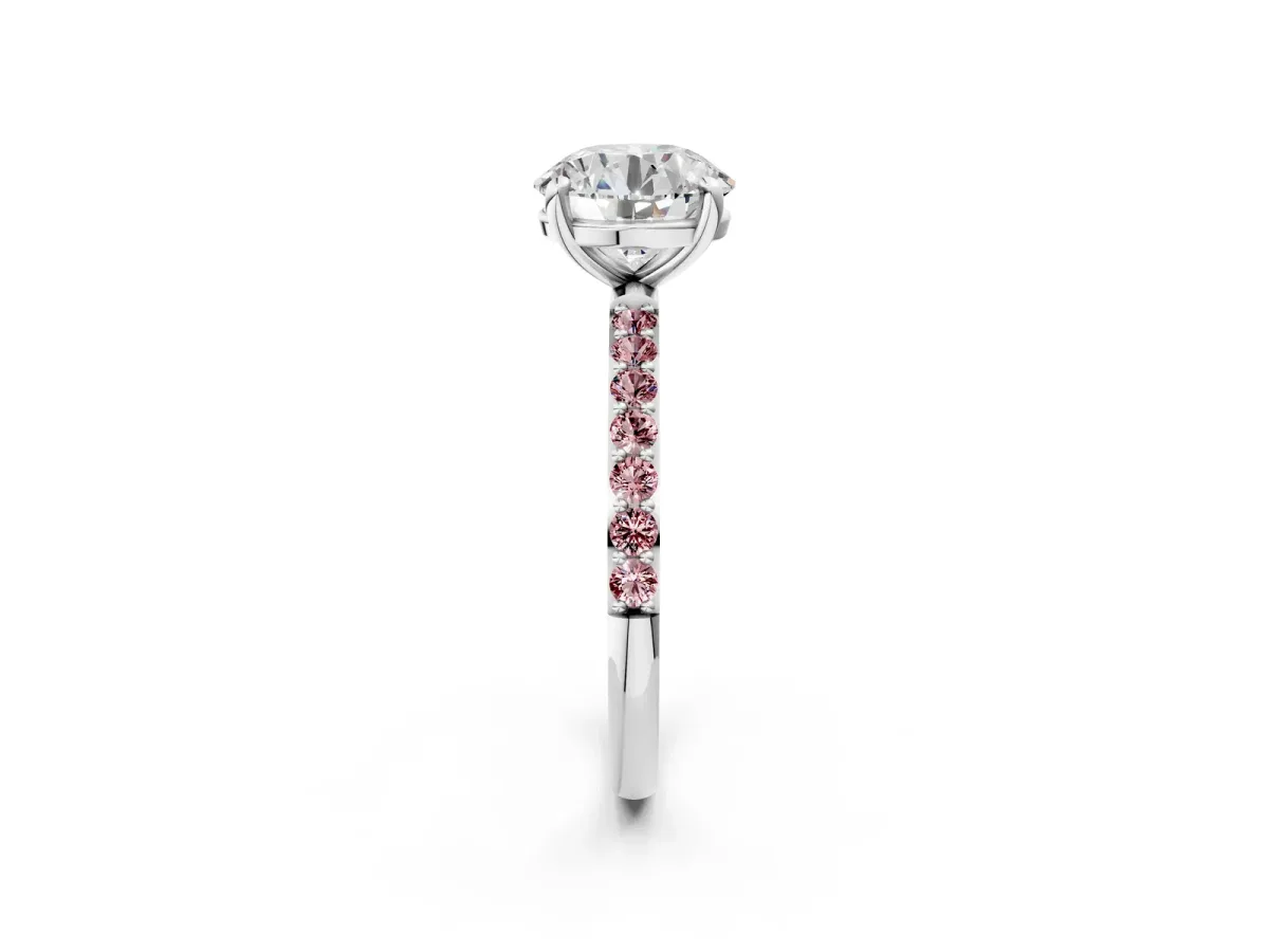 Round Cut Diamond Solitaire Ring with Round Morganite Pavé Band and Prong Setting Silver