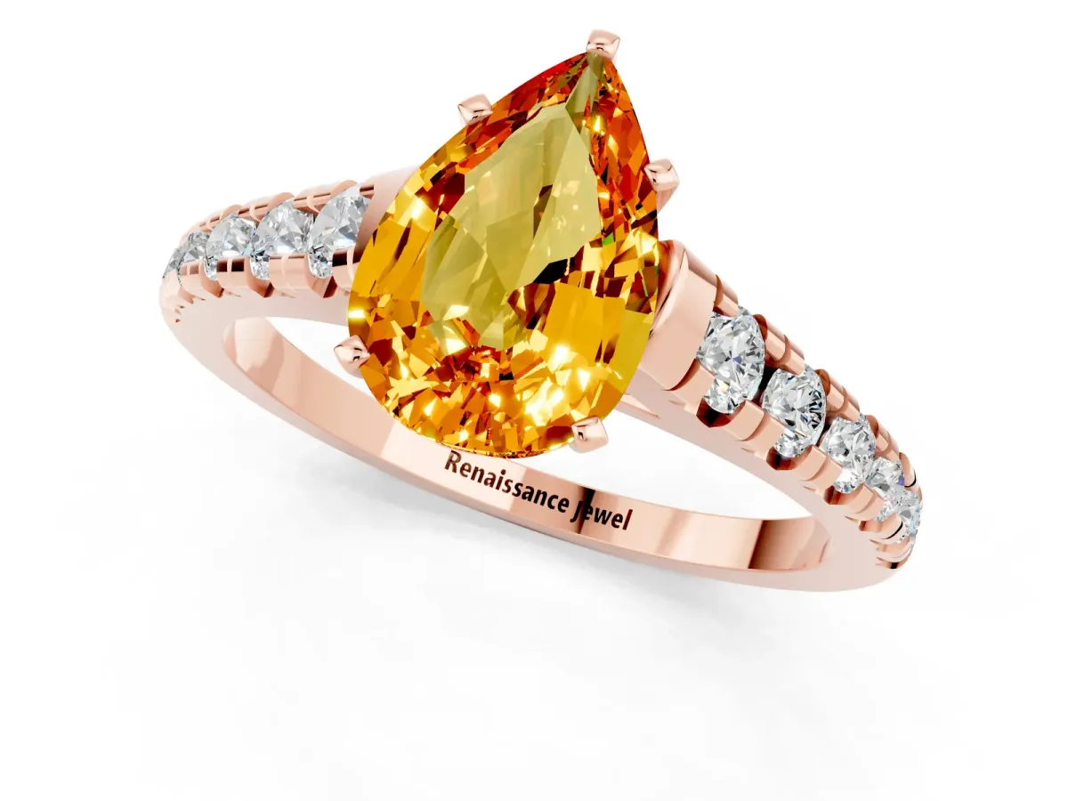 Pear Cut Citrine Cathedral Solitaire Ring with Round Pavé Band Rose gold