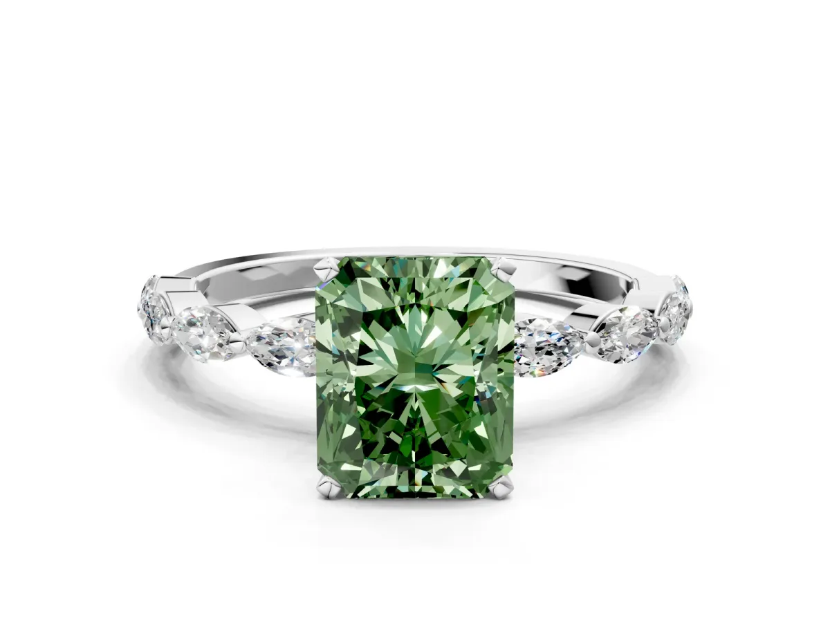 Fancy Green Radiant Cut Diamond Ring with Marquise Side Stones and Prong Setting Platinum