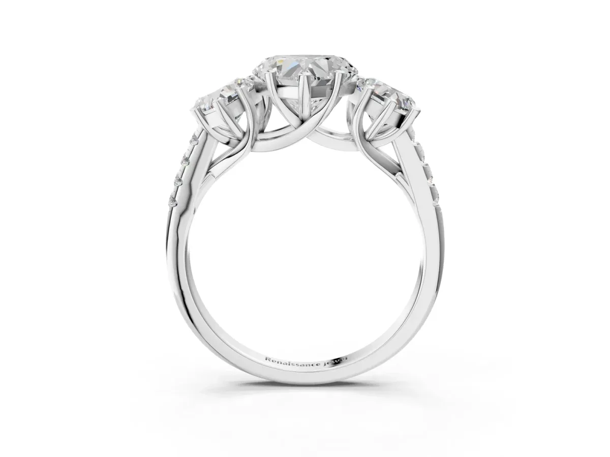 Three-Stone Heart Cut Diamond Ring with Round Moissanite Pavé Band and Prong Setting Silver