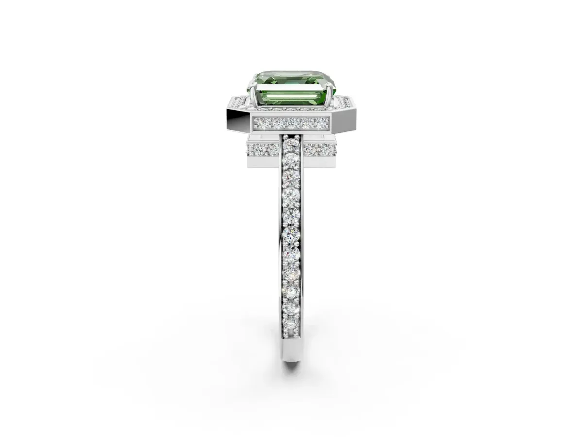 Fancy Green Asscher Cut Halo Pave Band Solitaire Ring with Prong Setting Platinum
