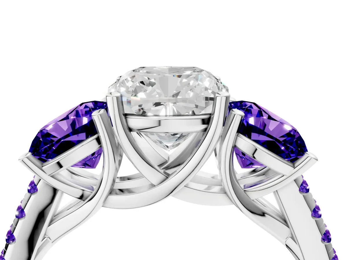 Three-Stone Cushion Cut Diamond Ring with Round Tanzanite Pavé Band and Prong Setting Silver
