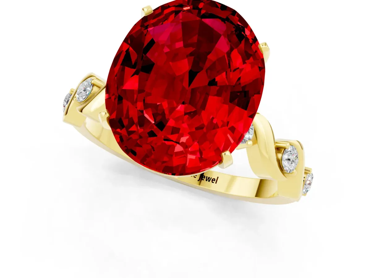 Oval Cut Ruby Solitaire Twisted Band with Round Accents and Prong Setting Yellow gold