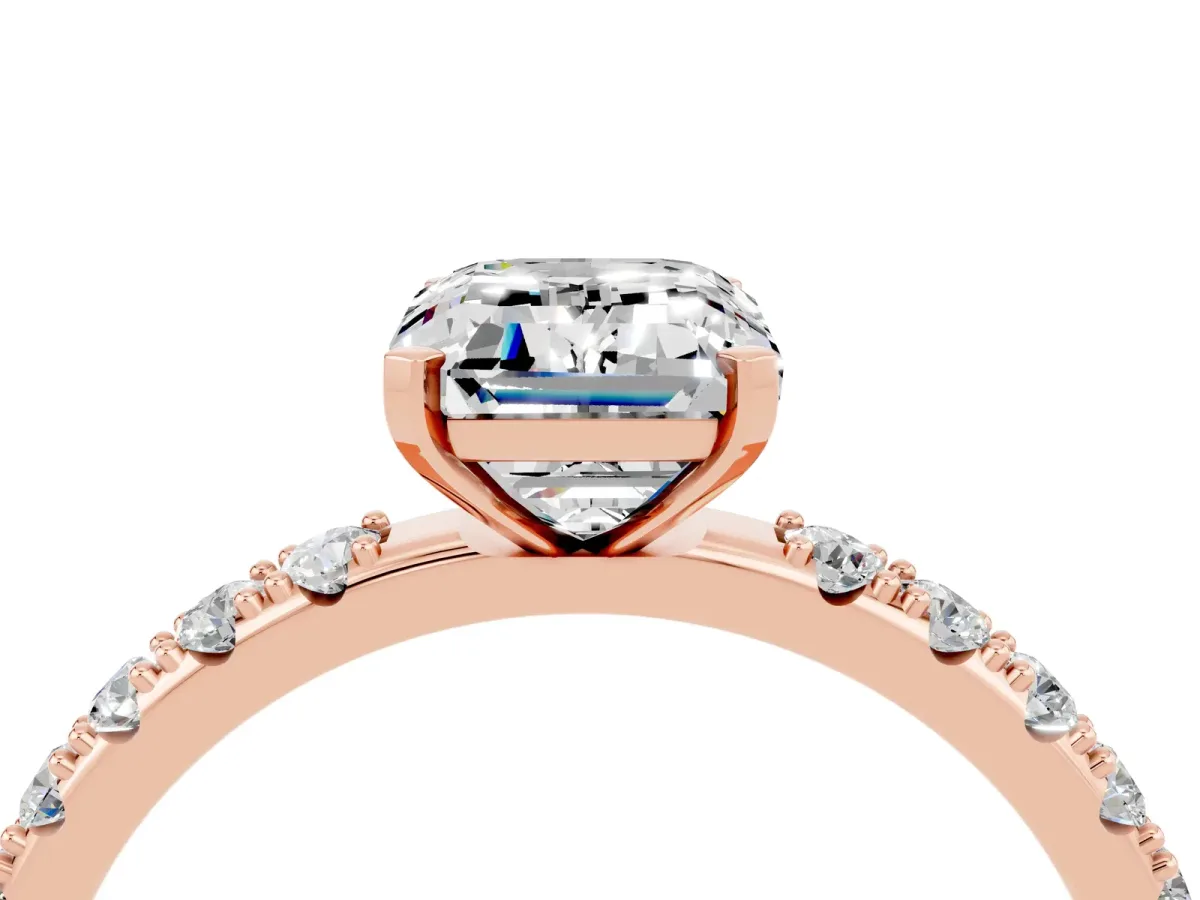Emerald Cut Moissanite Solitaire Pavé Band with Four-Prong Setting Rose gold