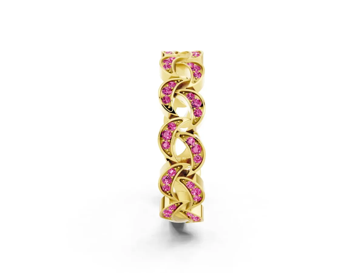Pavé Round Pink Sapphire Interlocking Eternity Band with Bezel Prong Setting Yellow gold
