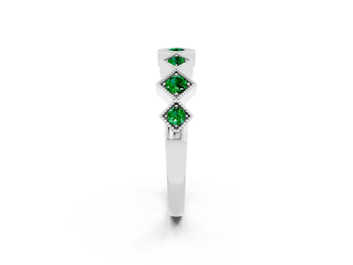 Milgrain Square Bezel Round Emerald Chevron Band White gold