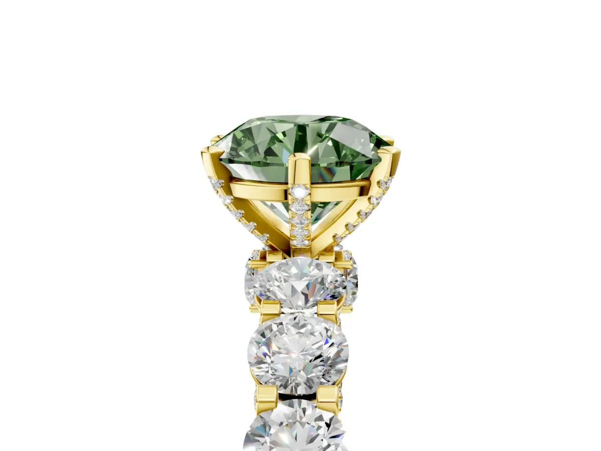 Fancy Green Round Cut Diamond Side Stone Engagement Ring with Four-Prong Setting Yellow gold