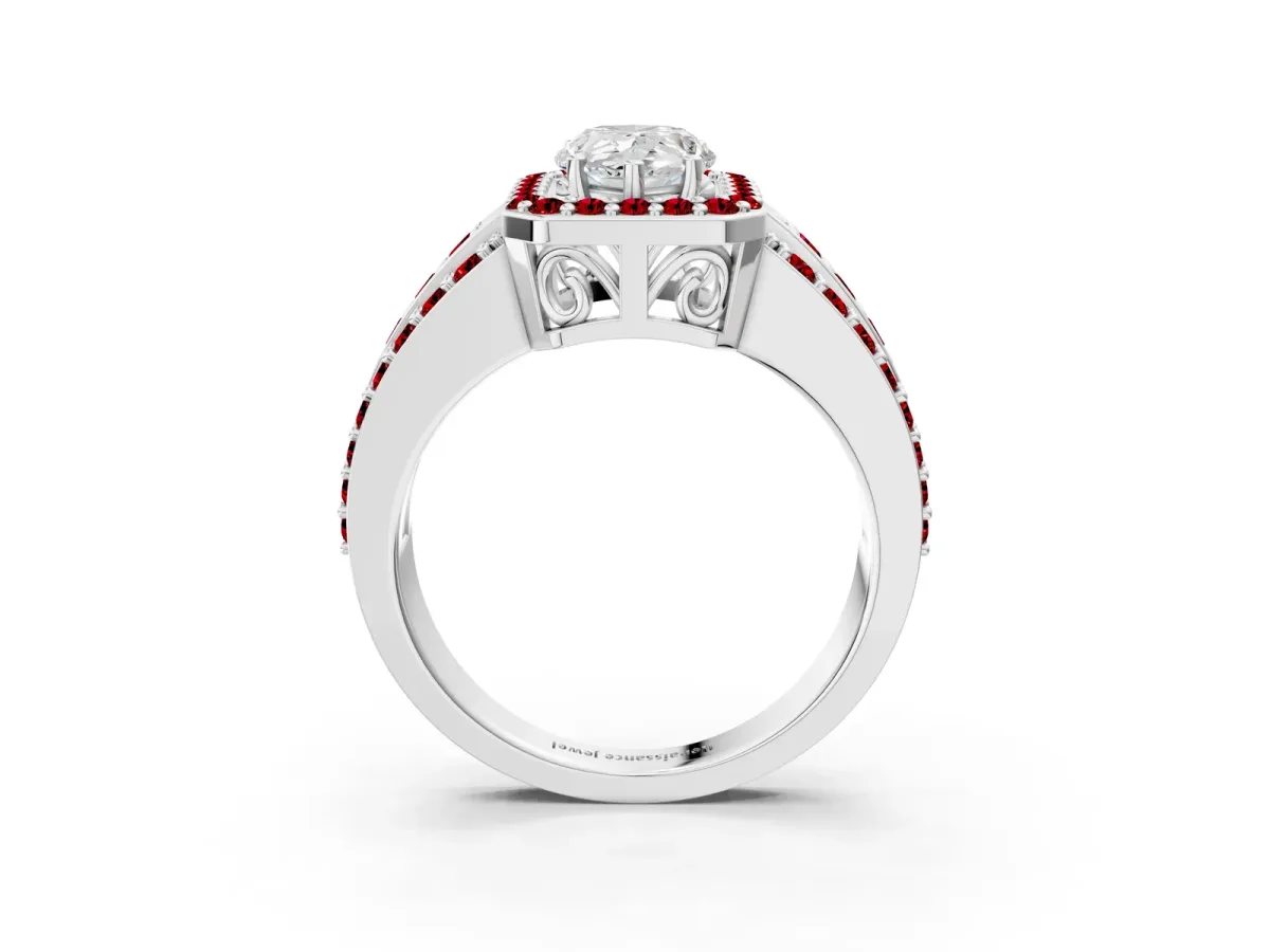 Pear Cut Halo Diamond Ring with Round Ruby Split Shank and Prong Setting White gold
