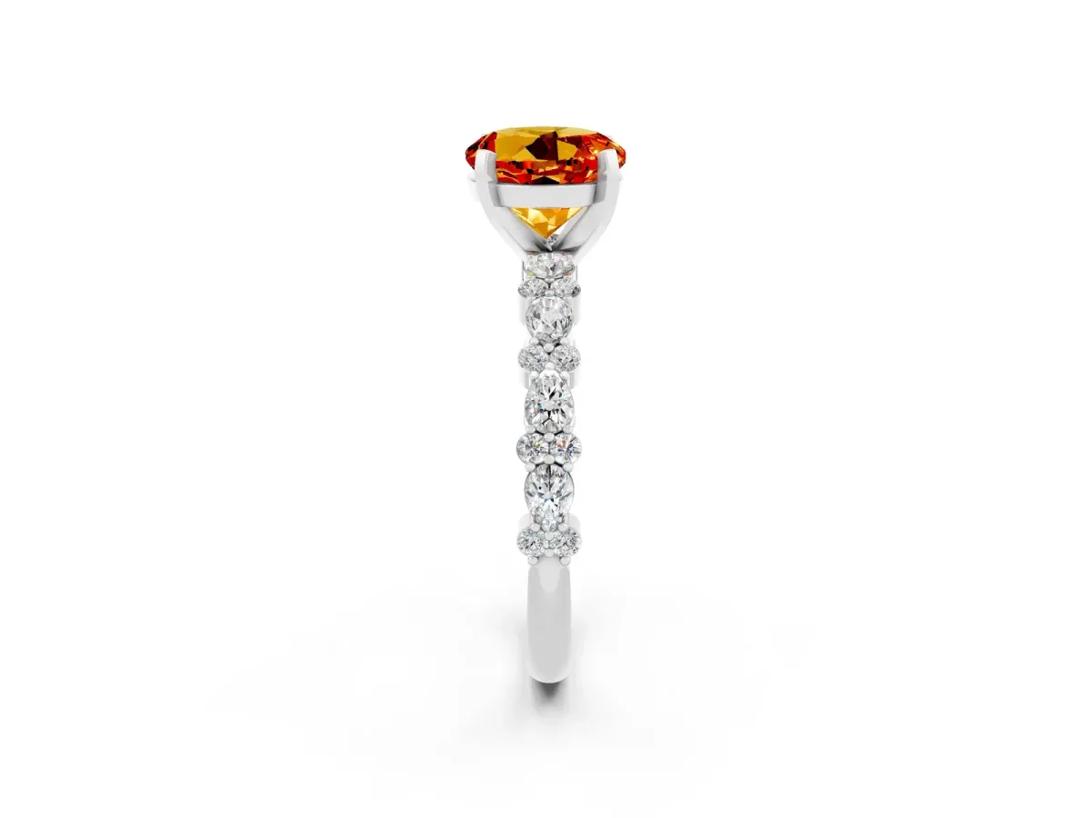 Round Cut Citrine Side Stone Solitaire Ring with Round and Four-Prong Setting White gold