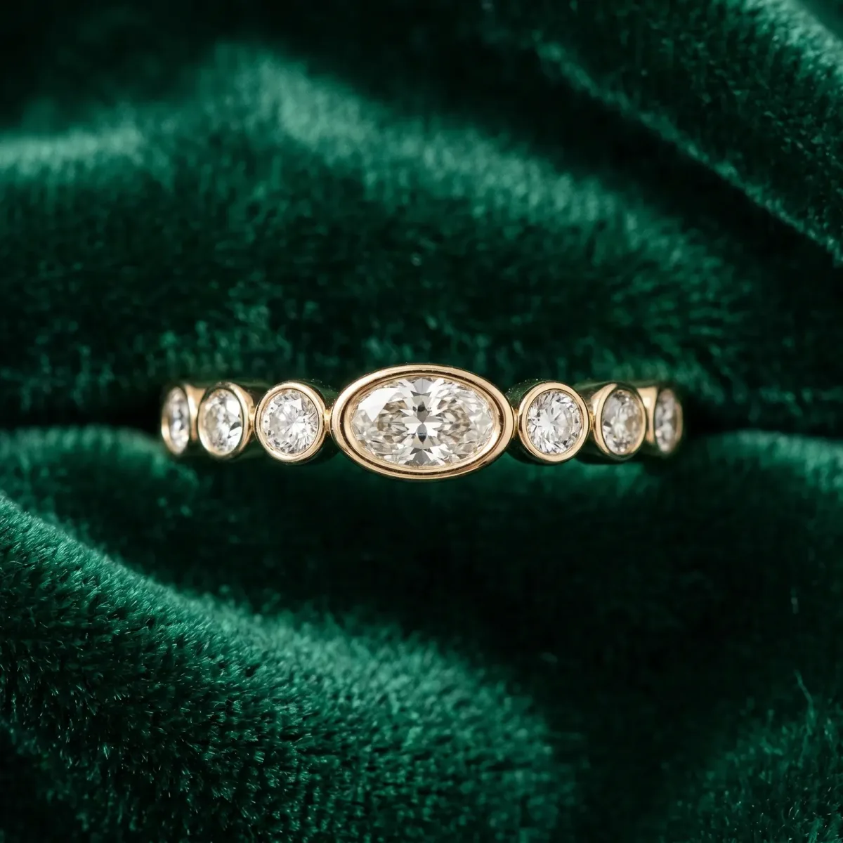 Bezel Set Oval Diamond Half Eternity Band Yellow gold