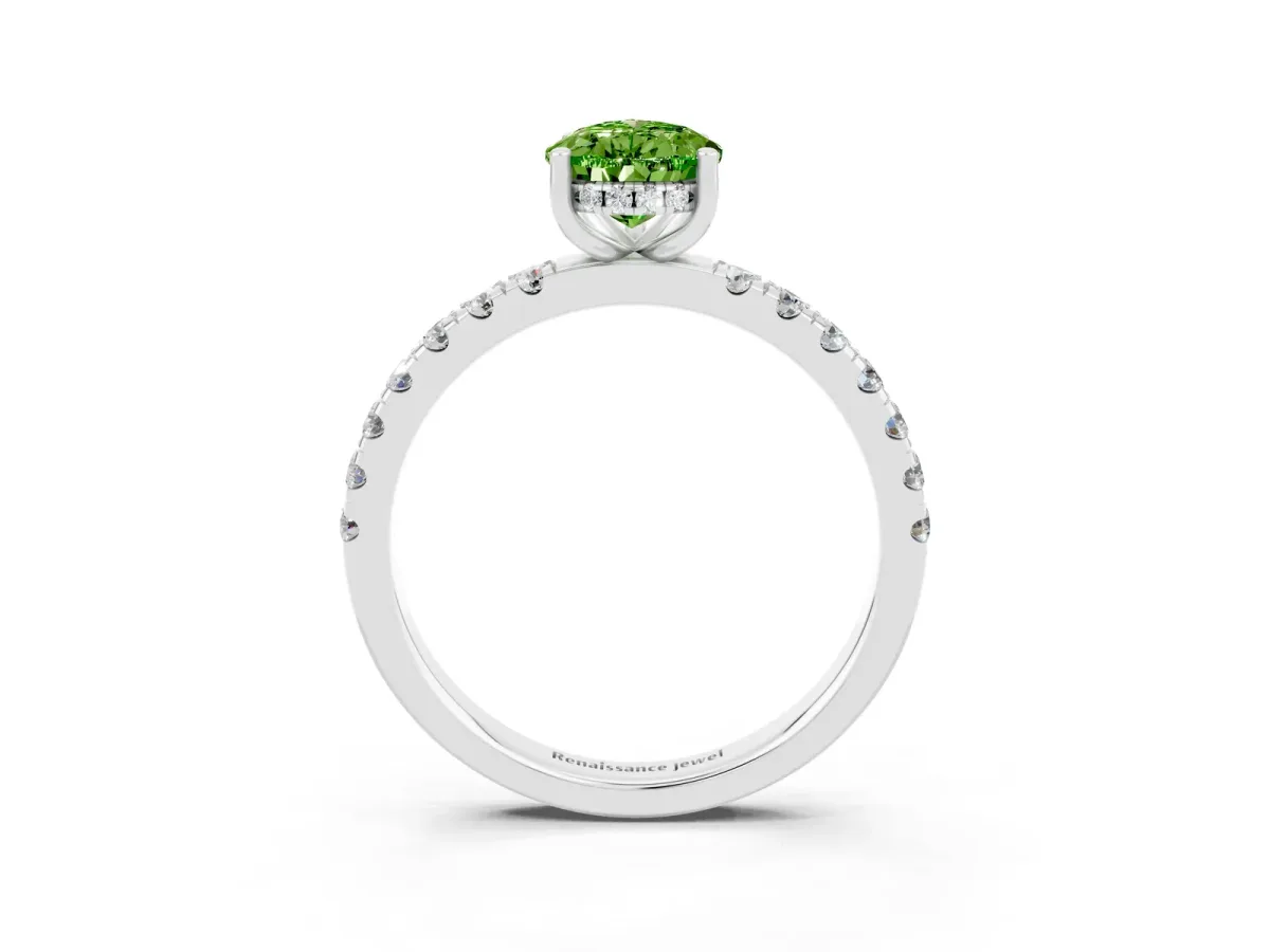 Pear Cut Peridot Pave Band Solitaire Ring with Round and Prong Setting White gold