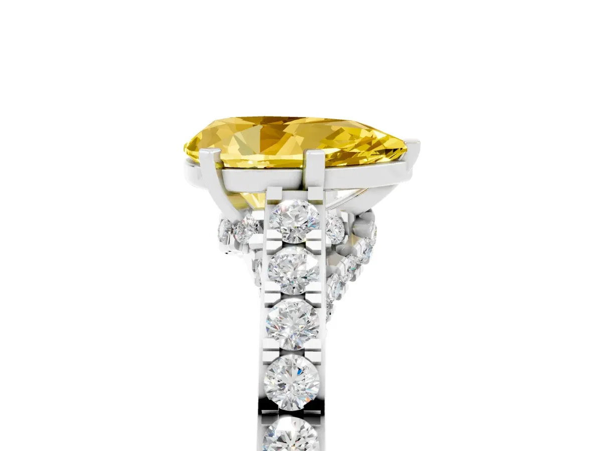 Pear Cut Yellow Sapphire Solitaire Ring with Crossover Gallery and Round Pavé Band Silver