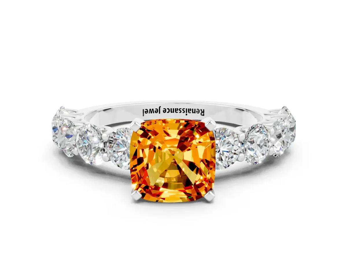 Cushion Cut Citrine Prong Setting with Side Stones on a Pave Band Platinum