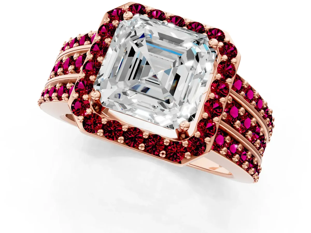 Asscher Cut Halo Diamond Ring with Round Garnet Split Shank and Prong Setting Rose gold