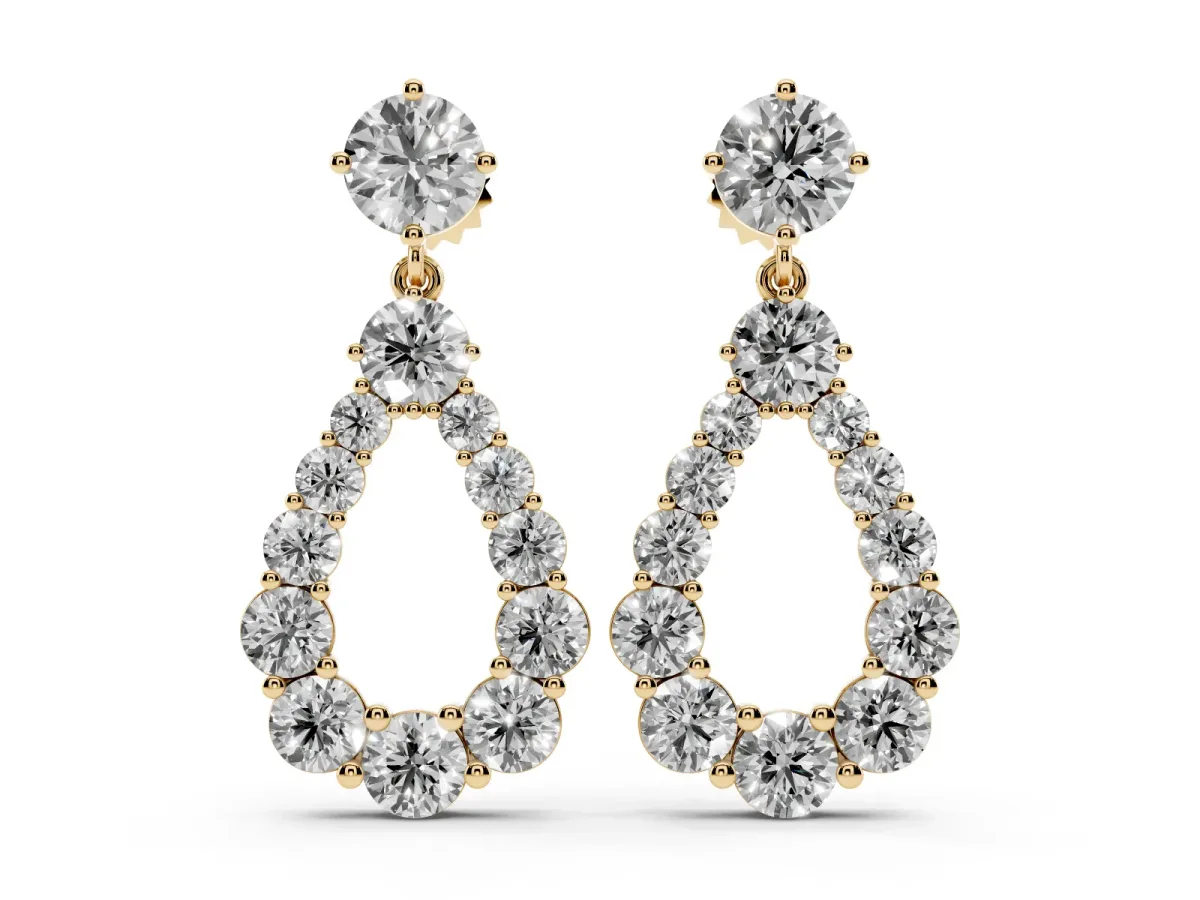 Round Cut Diamond Graduated Shared Prong Drop Earrings Yellow gold