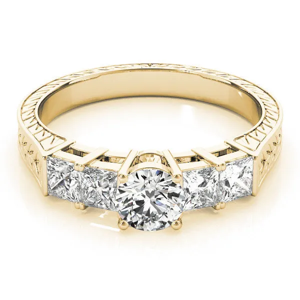 Emerald Cut Solitaire Princess Side Stone Engraved Band Prong Setting Ring Yellow gold