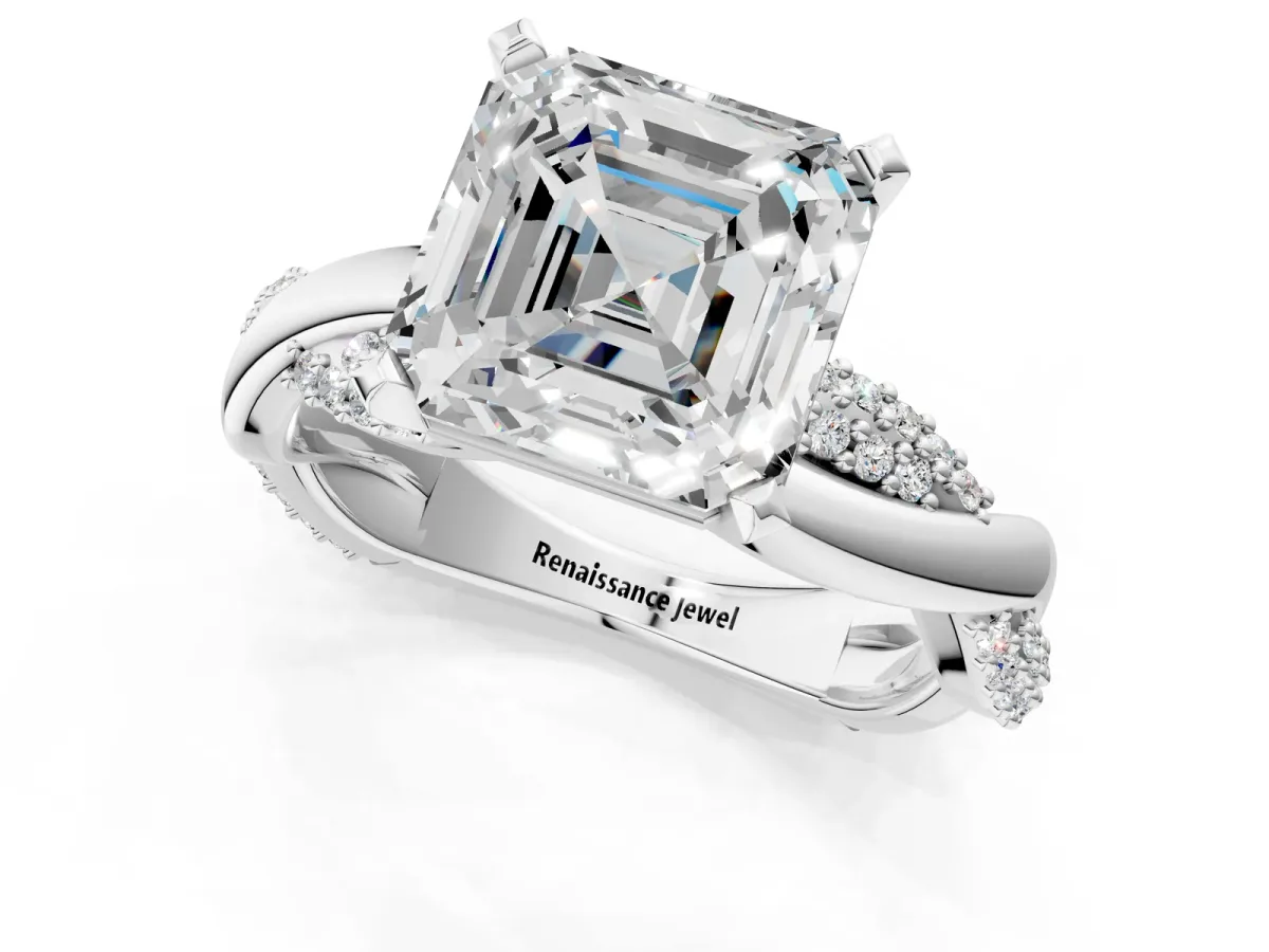 Asscher Cut Solitaire Twist Band with Pave Prong Setting Platinum
