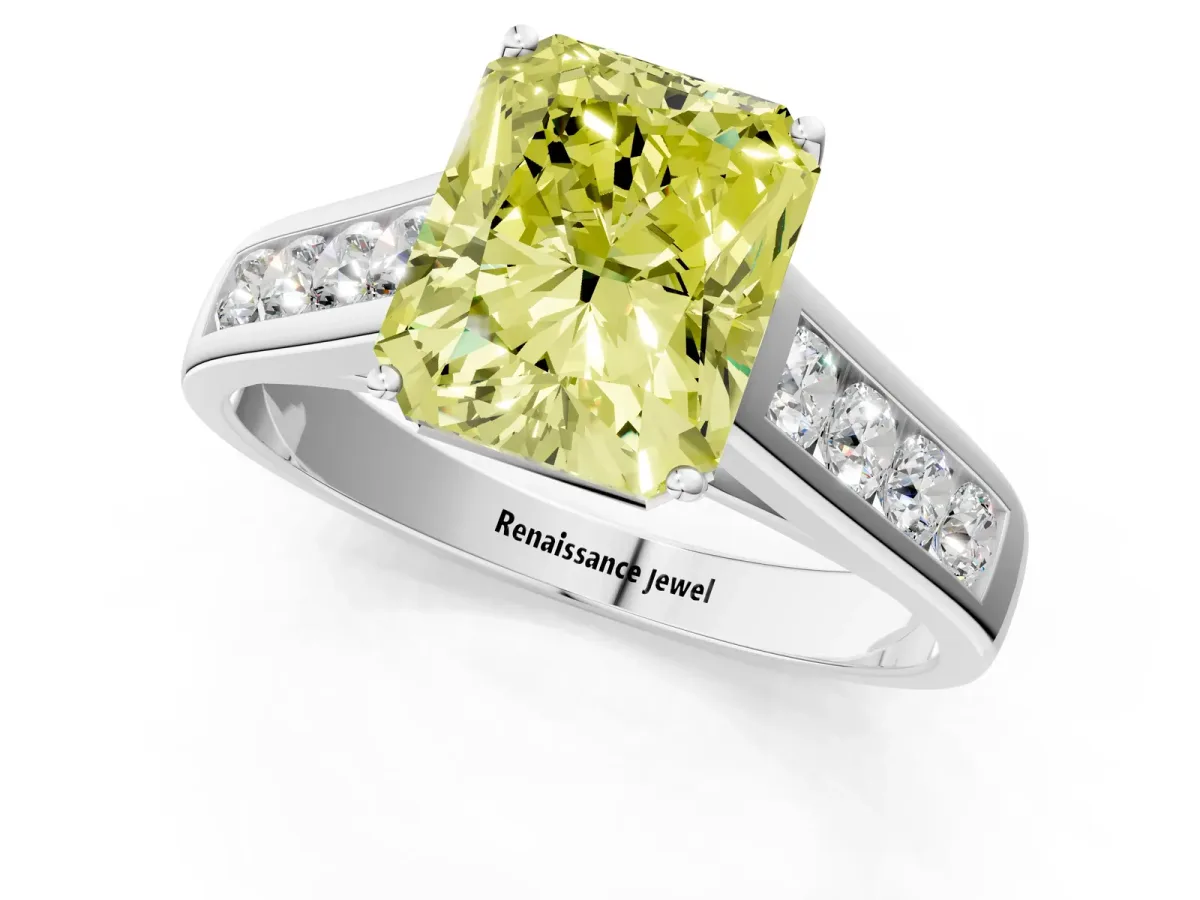 Fancy Yellow Radiant Cut Solitaire Channel-Set Diamond Engagement Ring with Four-Prong Setting Platinum