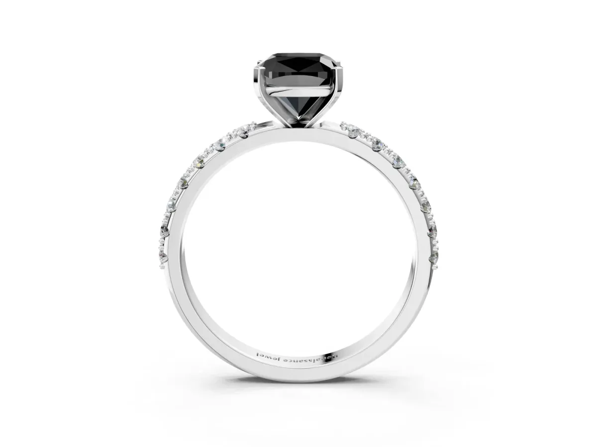 Fancy Black Cushion Cut Diamond Solitaire Pavé Band with Four-Prong Setting Silver