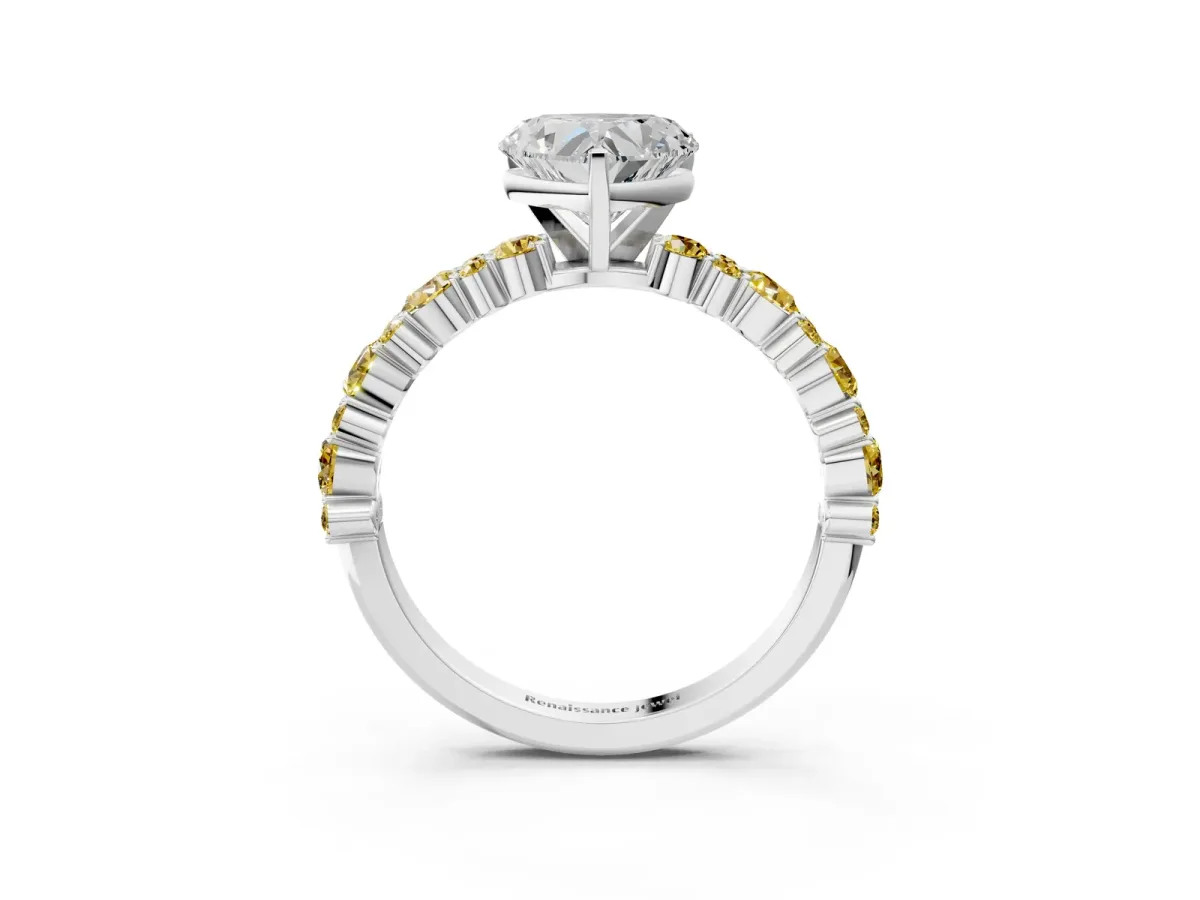 Heart Cut Diamond Side Stone Solitaire Ring with Round Yellow Sapphire and Four-Prong Setting Silver