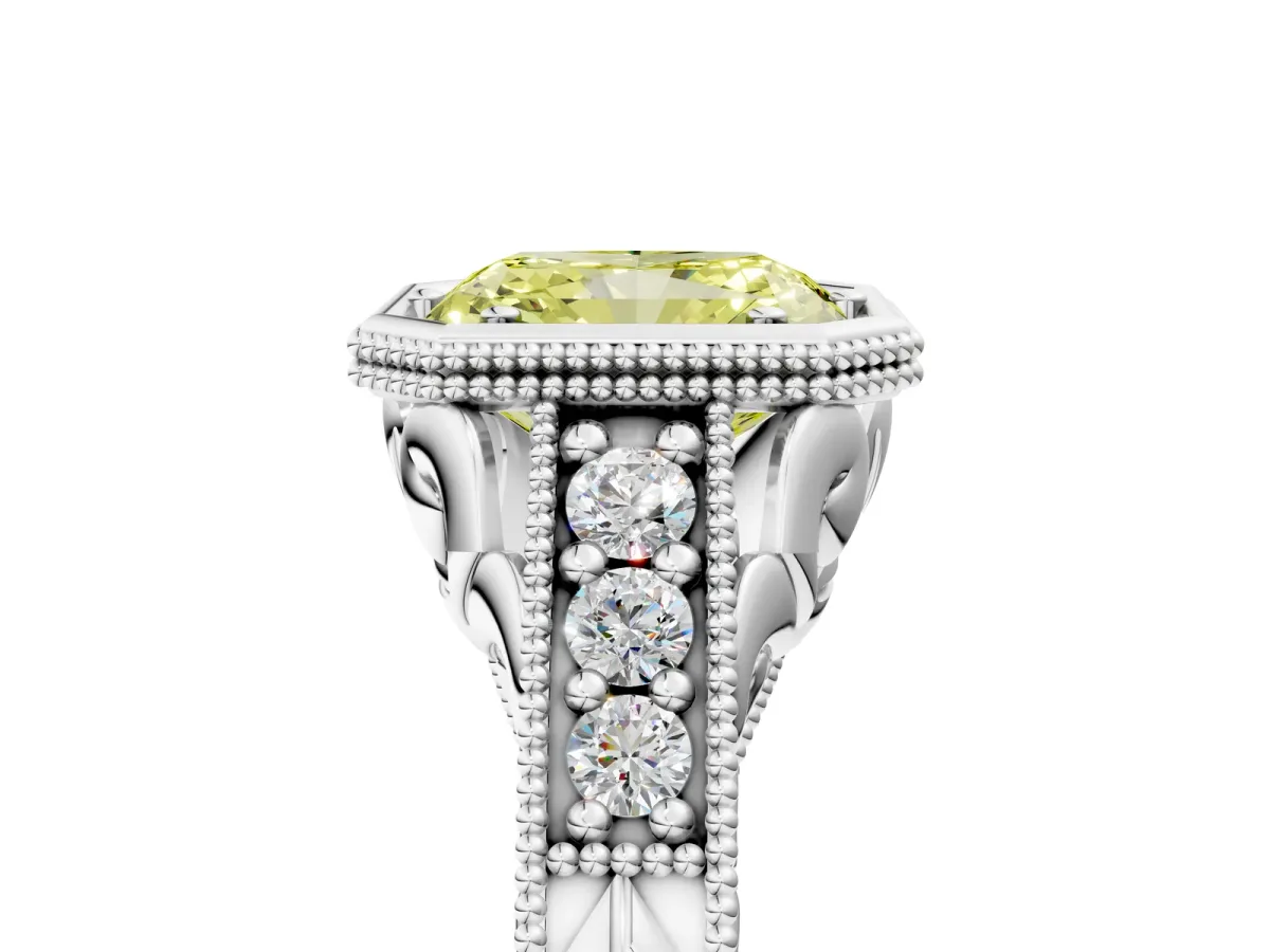 Fancy Yellow Bezel Set Radiant Cut Diamond Milgrain Pave Engagement Ring Platinum