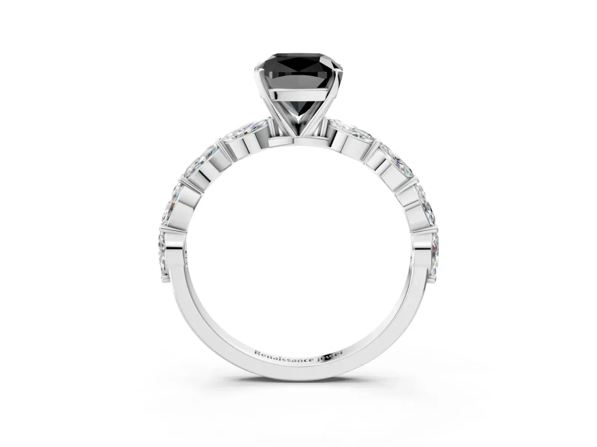 Fancy Black Cushion Cut Diamond Ring with Marquise Side Stones and Prong Setting Platinum