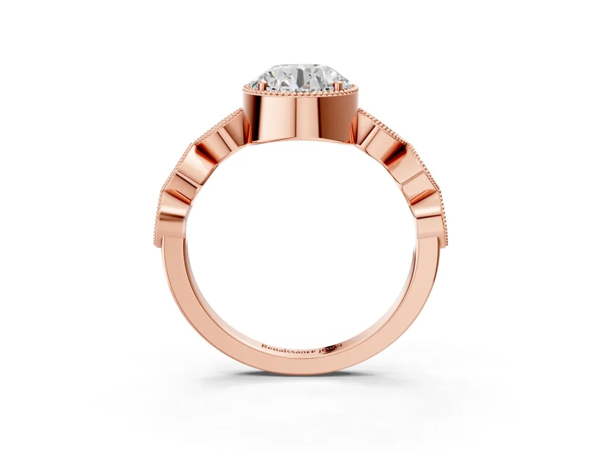 Round Cut Diamond Vintage Milgrain Ring with Round Stations Rose gold