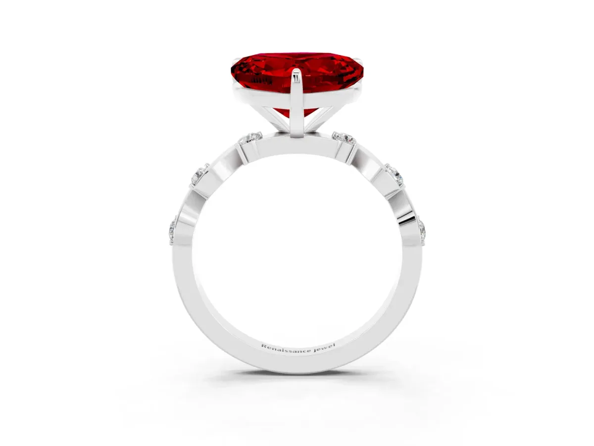 Heart Cut Ruby Solitaire Twisted Band with Round Accents and Prong Setting Platinum