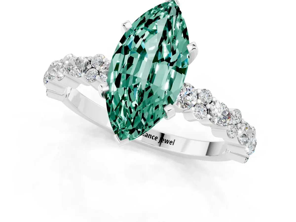 Marquise Cut Green Sapphire Side Stone Solitaire Ring with Round and Four-Prong Setting Platinum