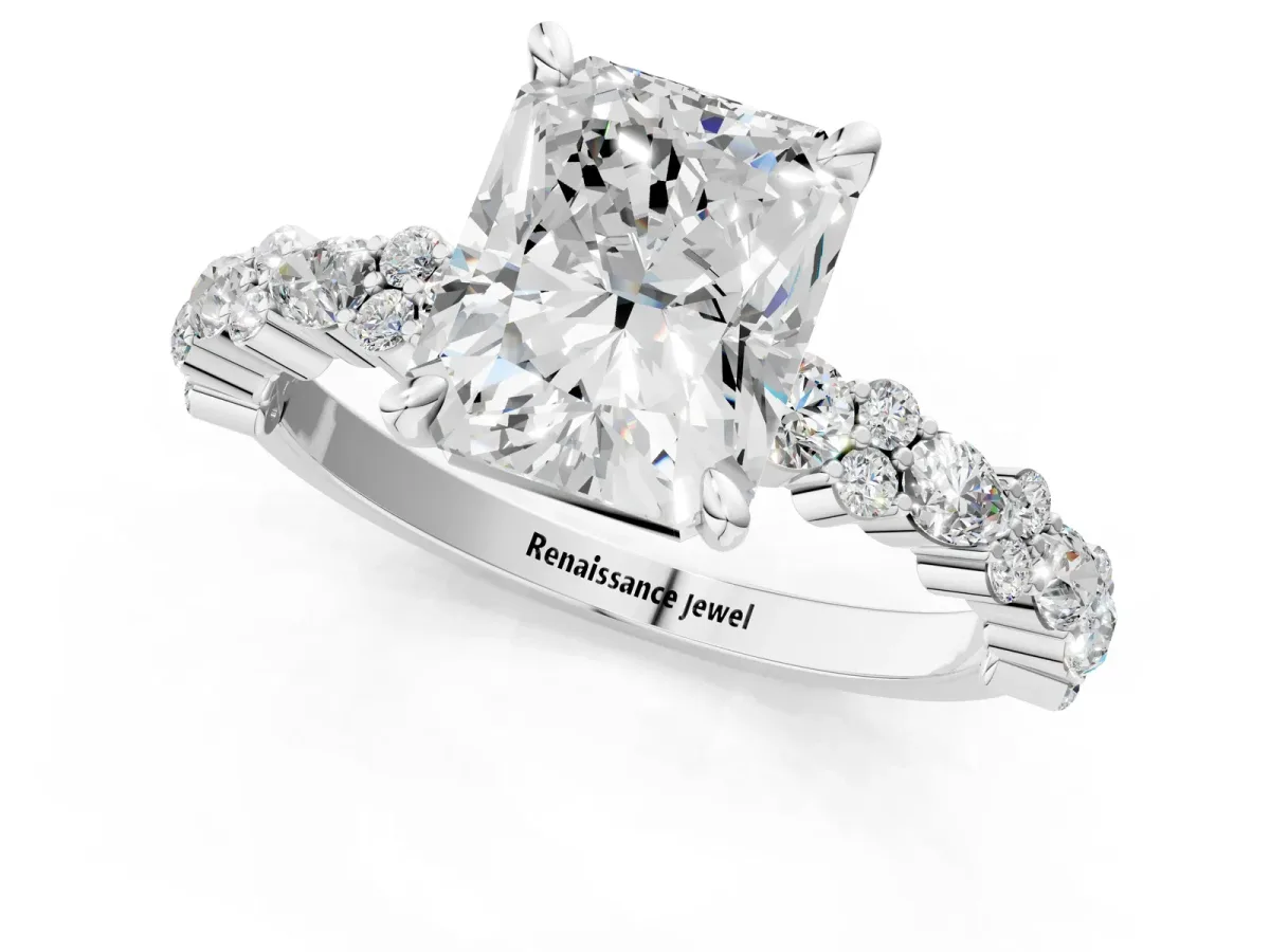 Radiant Cut Diamond Side Stone Solitaire Ring with Round Moissanite and Four-Prong Setting Platinum