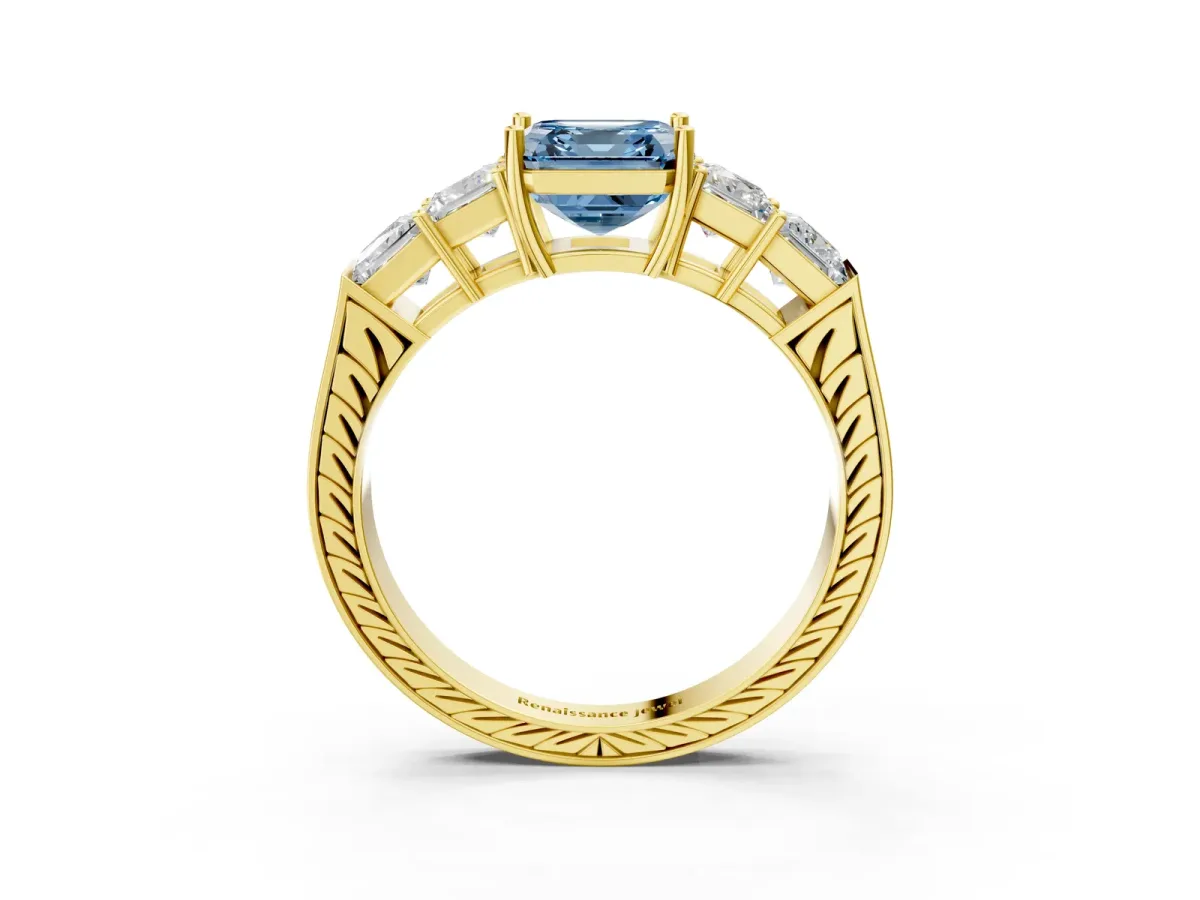 Fancy Blue Asscher Cut Solitaire Princess Side Stone Engraved Band Prong Setting Ring Yellow gold