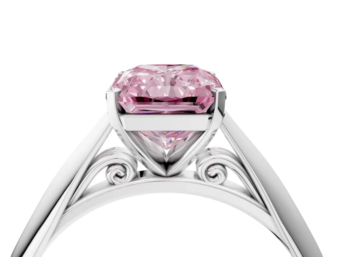 Fancy Pink Radiant Cut Diamond Solitaire Engagement Ring with Cathedral Setting and Four-Prong Mount Silver