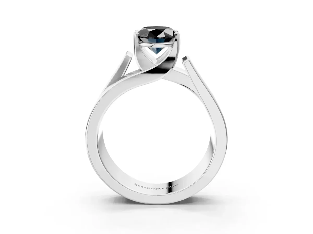 Fancy Black Modern Tension Set Oval Cut Diamond Solitaire Wide Band Ring Silver