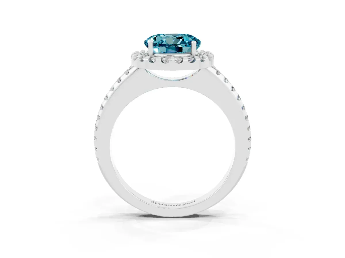 Round Cut Blue Topaz Pavé Halo Ring with Four-Prong Setting Platinum