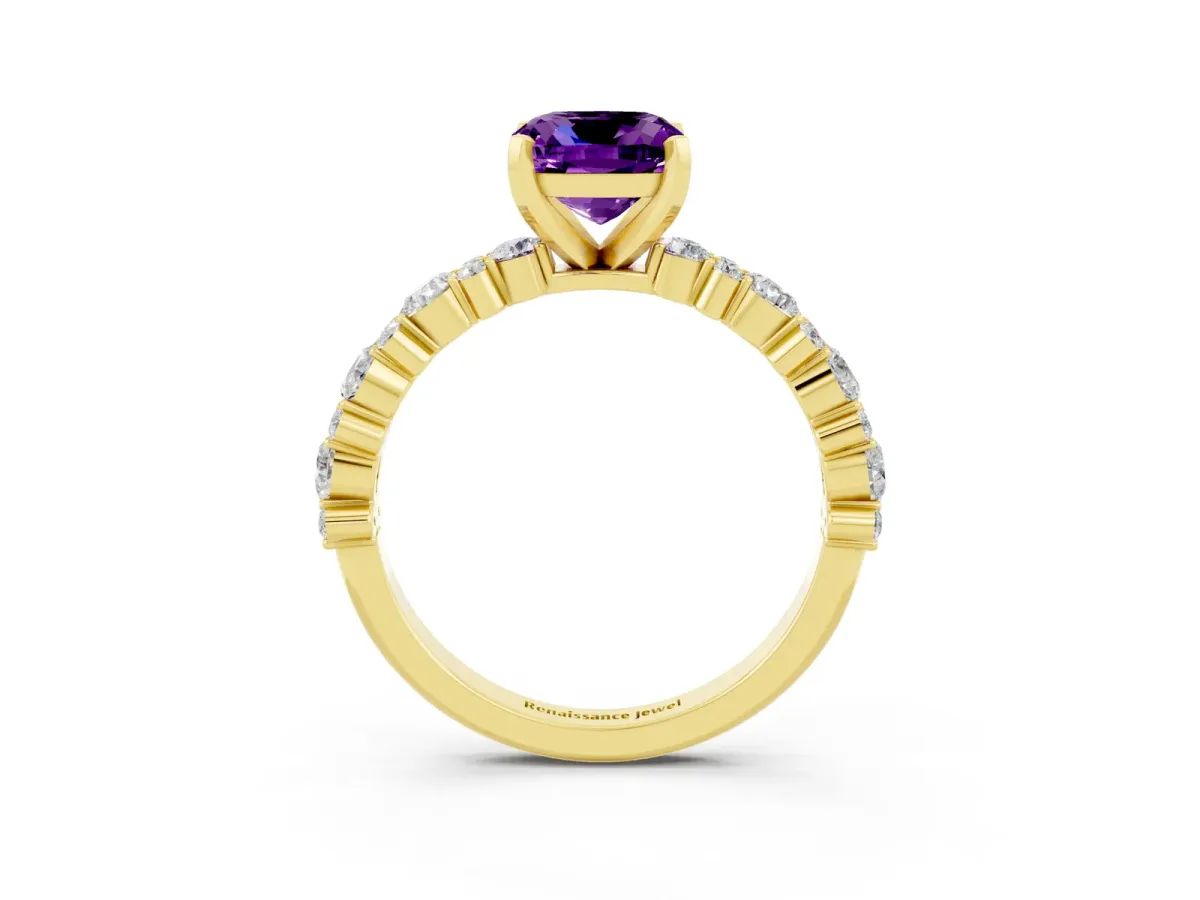 Cushion Cut Amethyst Side Stone Solitaire Ring with Round and Four-Prong Setting Yellow gold