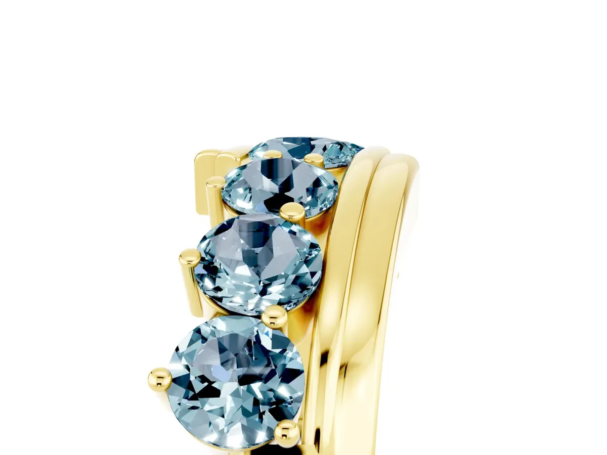 Round Aquamarine Wave Band with Channel and Shared Prong Setting Yellow gold