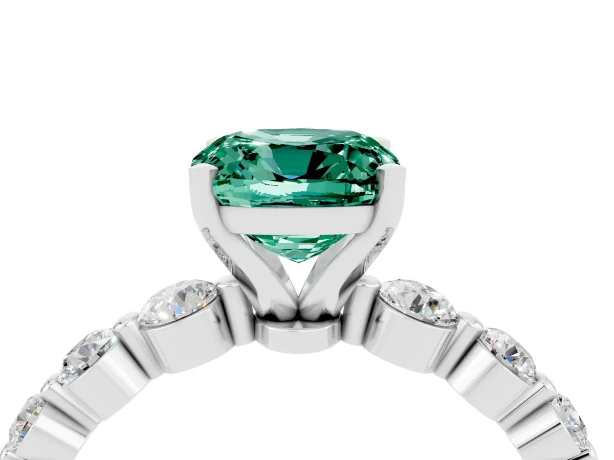 Cushion Cut Solitaire Green Sapphire Ring with Pave Band and Four-Prong Setting Silver