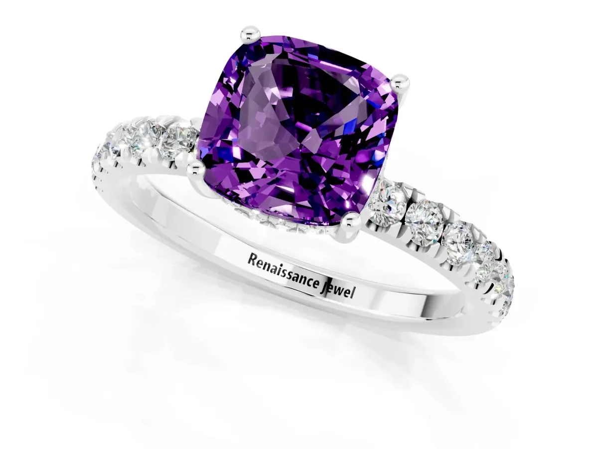 Cushion Cut Amethyst Pave Band Solitaire Ring with Round and Prong Setting Platinum